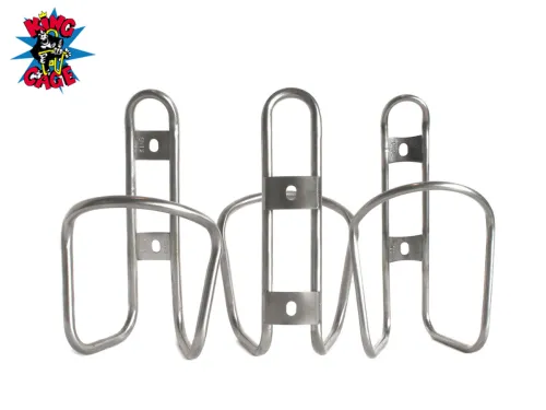 Bottle lowering cage shown with a regular Stainless Cage in the middle for comparison. Ti cage on left, stainless on right.